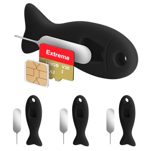 Paquete de 4 Herramientas de extracción de Tarjeta SIM con Almacenamiento de Tarjeta SIM Incorporado: Contiene Pines de expulsión compatibles con iPhone (Paquete de 4, Negro)
