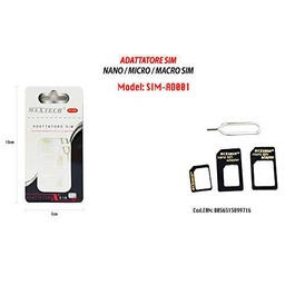 ADATTATORE SCHEDA SIM CARD SMARTPHONE NANO CONVERTITORE ESTRATTORE 4IN1 MAXTECH SIM-AD001