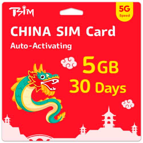 TSIM China SIM Card 30 Días | 5GB de Datos de Alta Velocidad | Activación Automática | Compartición de Hotspot Permitida | Soporta Google