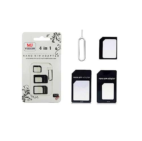 MJ Vision Kit de herramientas SIM 4 en 1 | Convierte Nano SIM a Micro SIM | Kit adaptador de tarjeta SIM con pin eyector SIM | Extractor para smartphone | Convertidor con pin de expulsión de bandeja
