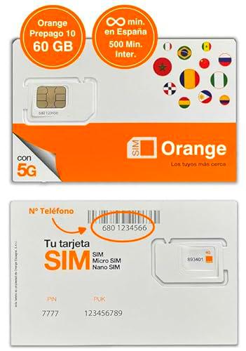 Tarjeta SIM Orange Prepago 10 + 60GB (50GB Acumulables) + Llamadas Nacionales Ilimitadas + 500 Min