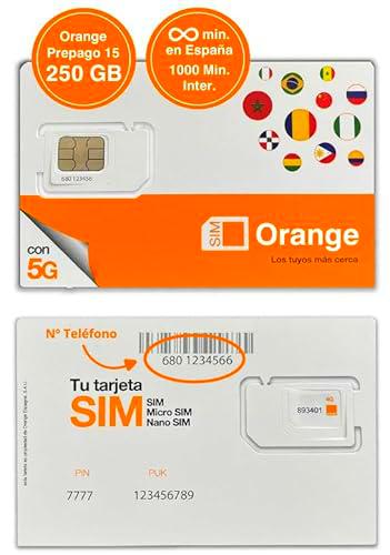 Tarjeta SIM Orange Prepago 15 + 250GB (100GB Acumulables) + Llamadas Nacionales Ilimitadas + 1000 Min