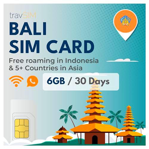 TravSIM Bali Tarjeta SIM | 6GB Datos móviles, velocidades 4G/5G | Itinerancia Gratuita en Indonesia + 5 países de Asia | Funciona en iOS y Android | Plan de Tarjeta SIM Bali válido Durante 30 días