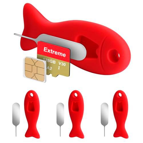 Juego de 4 herramientas de extracción de tarjeta SIM en forma de pez rojo con almacenamiento integrado